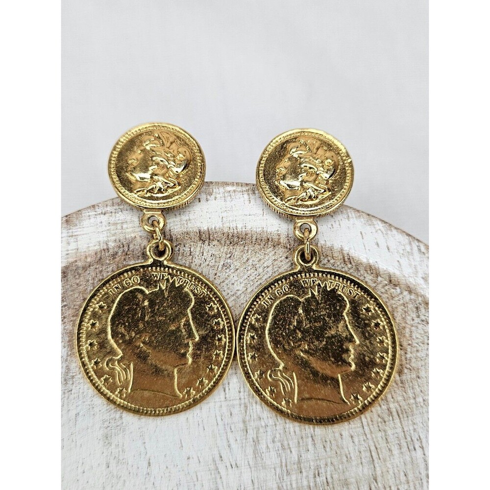 Vintage Gold Coin Drop Earrings Avon Era Etruscan Medallion Roman Dangle EUC